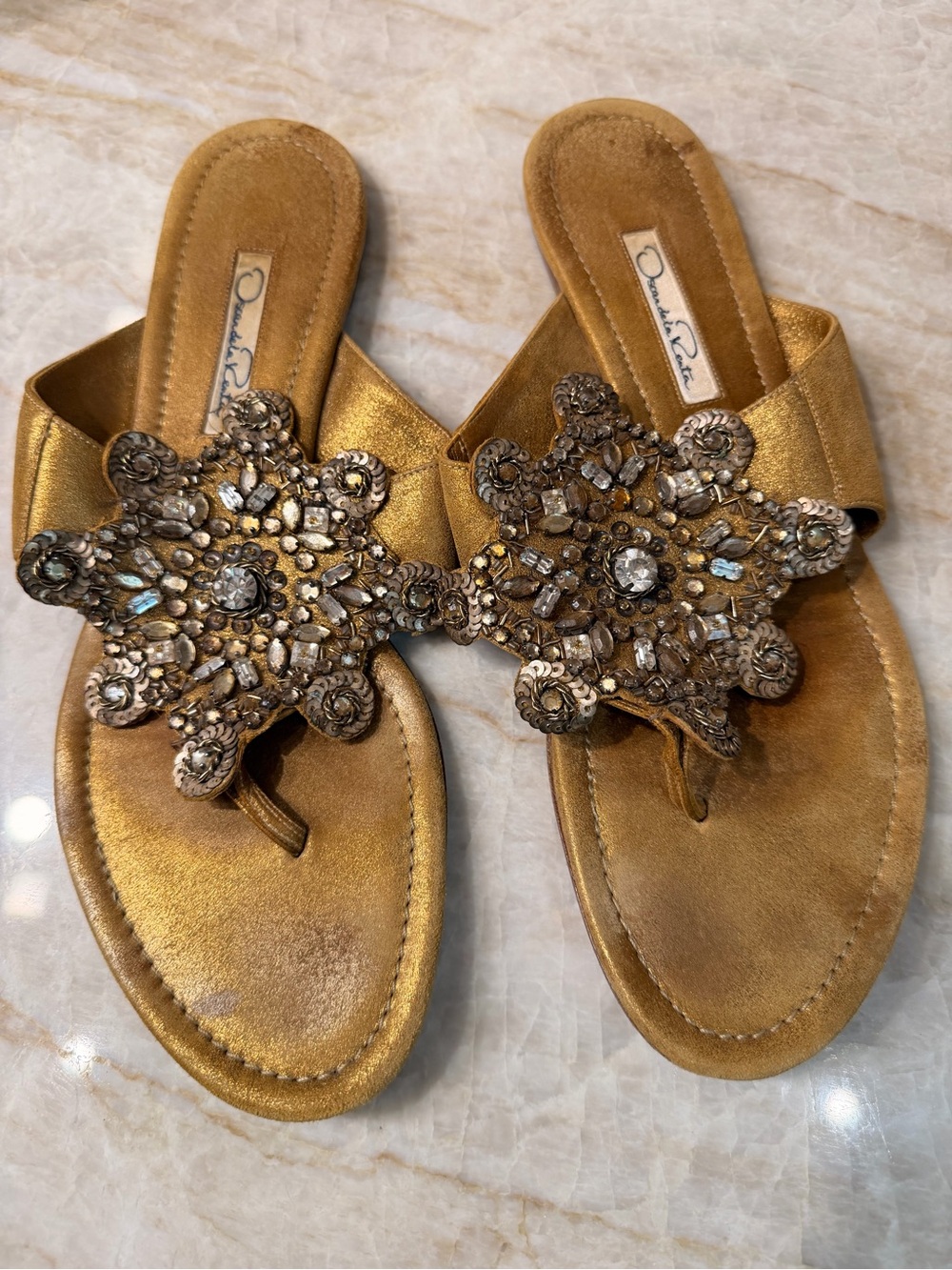 Oscar de la Renta Gold Jeweled Toe-Post Sandals